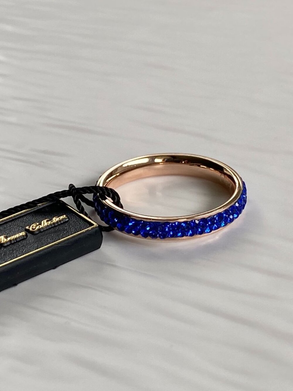 Fifth Avenue Rose Gold Royal Blue Swarovski Cystal Stainless Steel Ring SZ 8